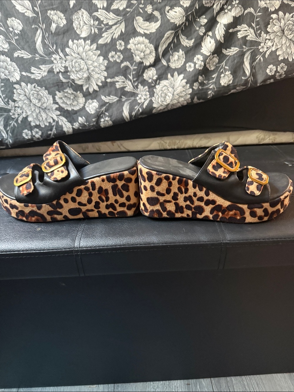 Leopard Print Platform Slide Sandals - Black & Brown
